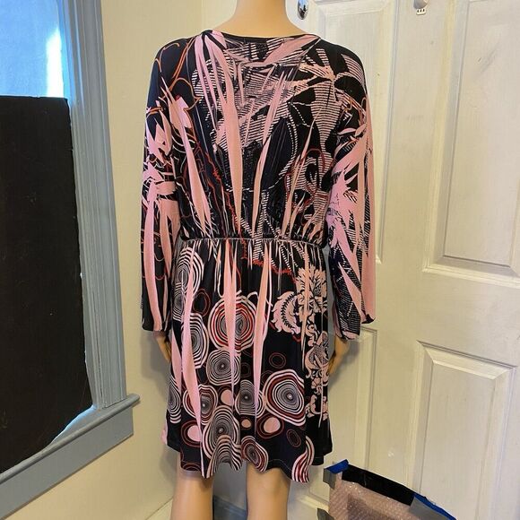 Vintage Daniel Benjamin USA Dress Sz 3X Pink Black VNeck High Elastic Waist Boho - Picture 8 of 10